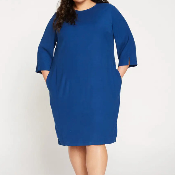 Universal Standard Crewneck Luxe Twill Sheath Dress Navy Peony Size Large 22-24 - Picture 1 of 11